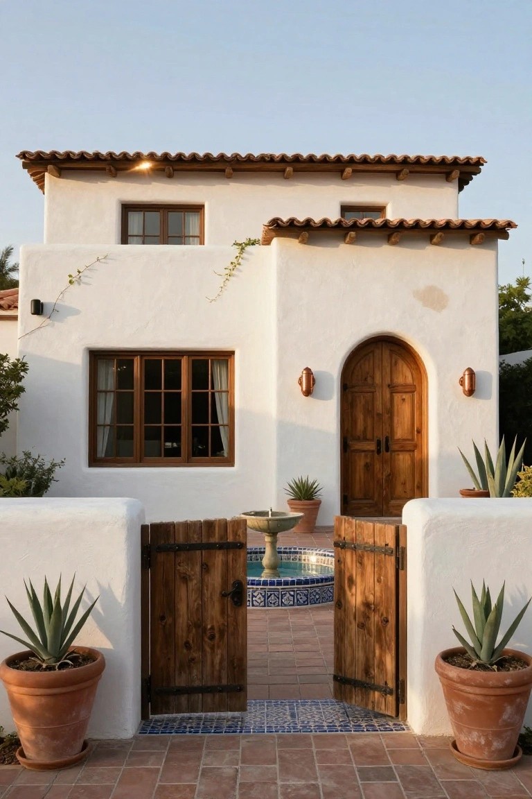 White stucco hacienda-style house exterior with terracotta tile roof, open wooden double gates revealing a blue-tiled fountain on brick pavers, arched wooden entry door, and potted agave plants on either side.