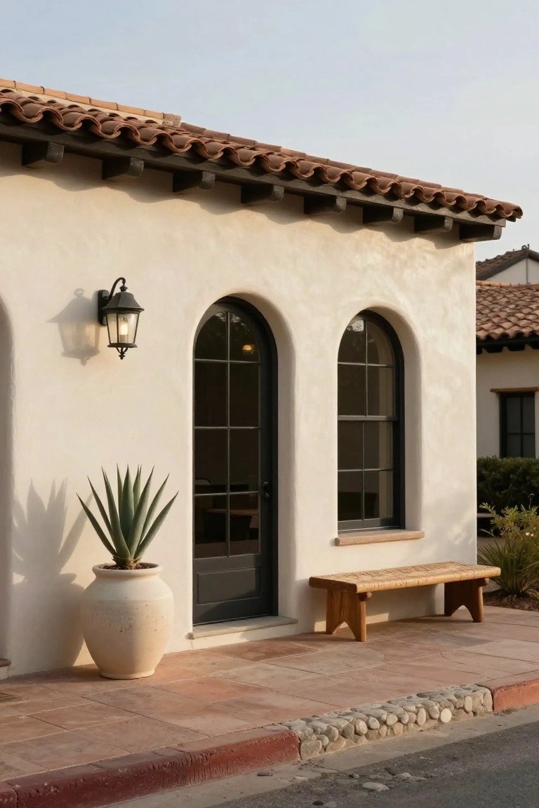 Spanish-style stucco building with arched door, window, wooden bench, and potted agave.
