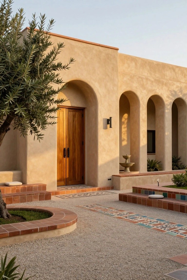 Beige stucco hacienda-style house exterior with three rounded arches, wooden double doors at center entry, olive tree to the left, terracotta tiled steps, gravel pathway with mosaic tile accents, and potted plants.