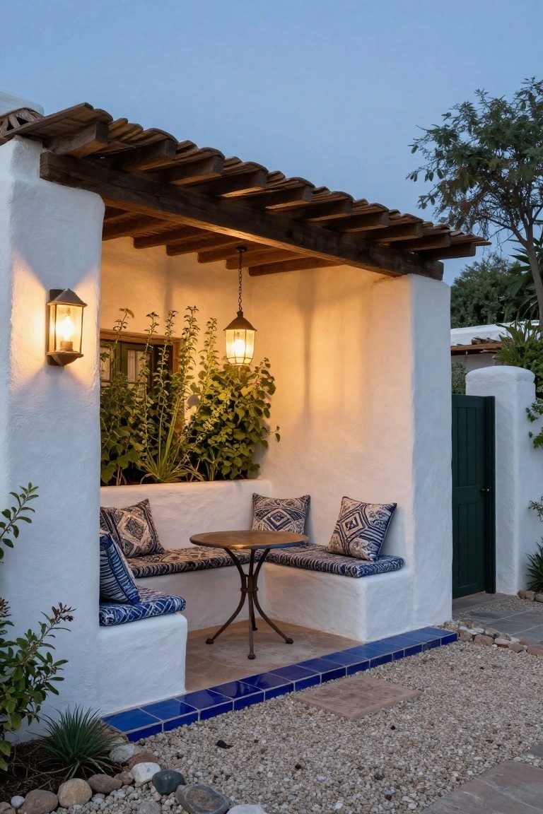 White stucco covered outdoor seating area with built-in cushioned benches around a small round metal table, wooden beam ceiling, wall lanterns and hanging lantern, potted plants, green door, blue tile edging, and gravel ground at dusk.