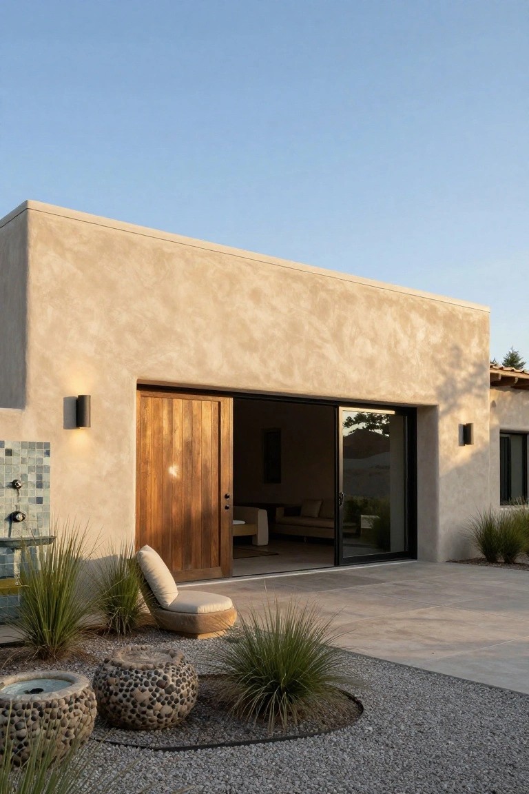 Beige stucco house exterior featuring a large open wooden pivot door, adjacent glass sliding door, outdoor lounge chair, stone fountain, potted plants, and gravel landscaping on a concrete patio.