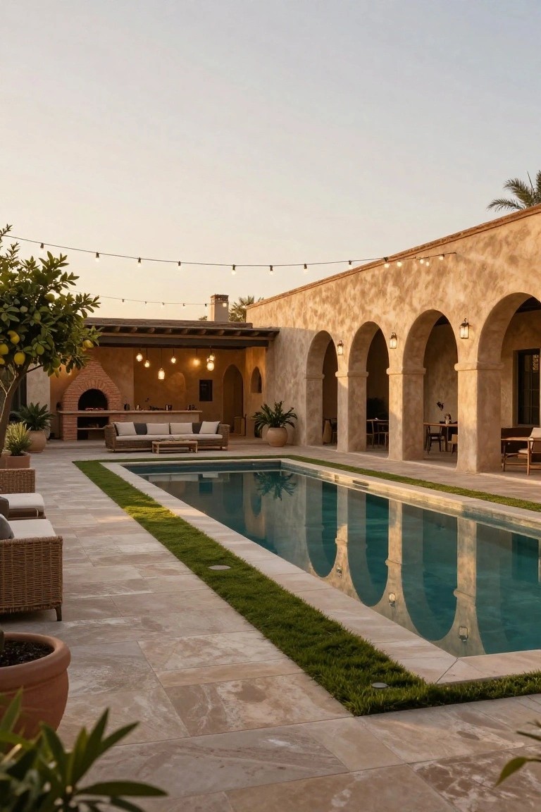 Long rectangular pool with narrow grass strip adjacent to beige stone patio, hacienda-style arched veranda with lounge chairs, dining table, brick BBQ, potted plants, and string lights at dusk.