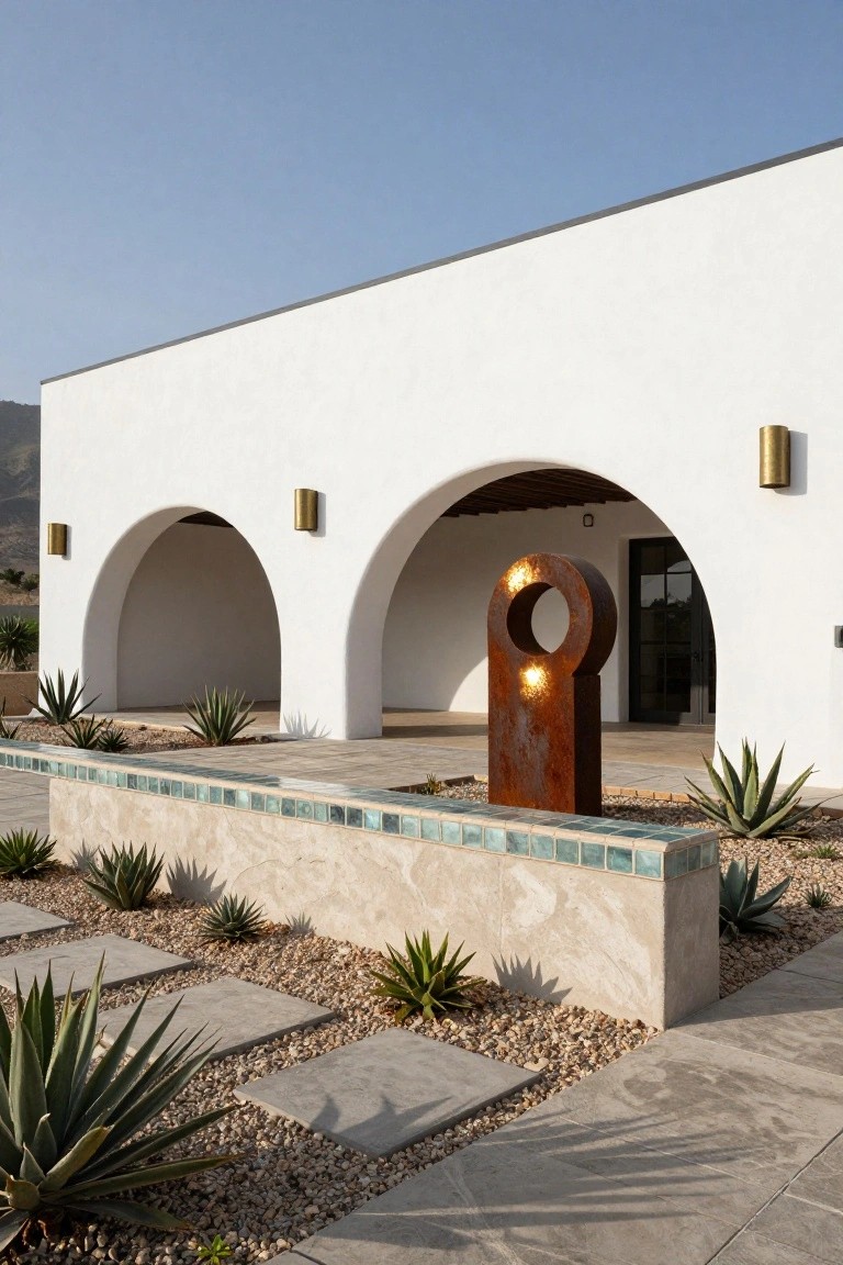 White stucco hacienda-style building with two rounded arches leading to a covered entry, flanked by agave plants, a tall rusted metal ring sculpture, turquoise-tiled low wall, and pebble stone pavers against distant mountains.