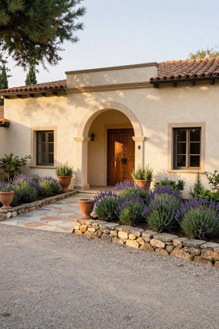 Mediterranean villa entrance with arched doorway, lavender garden, and stone path.
