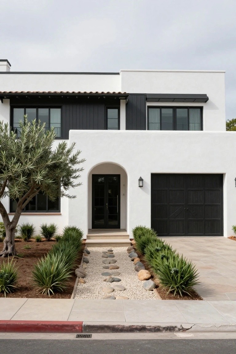 White stucco modern hacienda house exterior featuring black-framed windows and doors, terracotta roof tiles, arched entry, dark garage door, olive tree, and gravel stepping stone path bordered by agave plants.