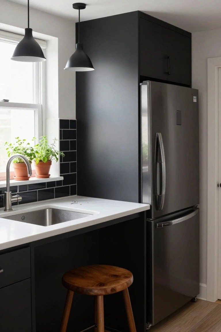 Modern kitchen with black cabinets, stainless steel fridge, and white countertop.