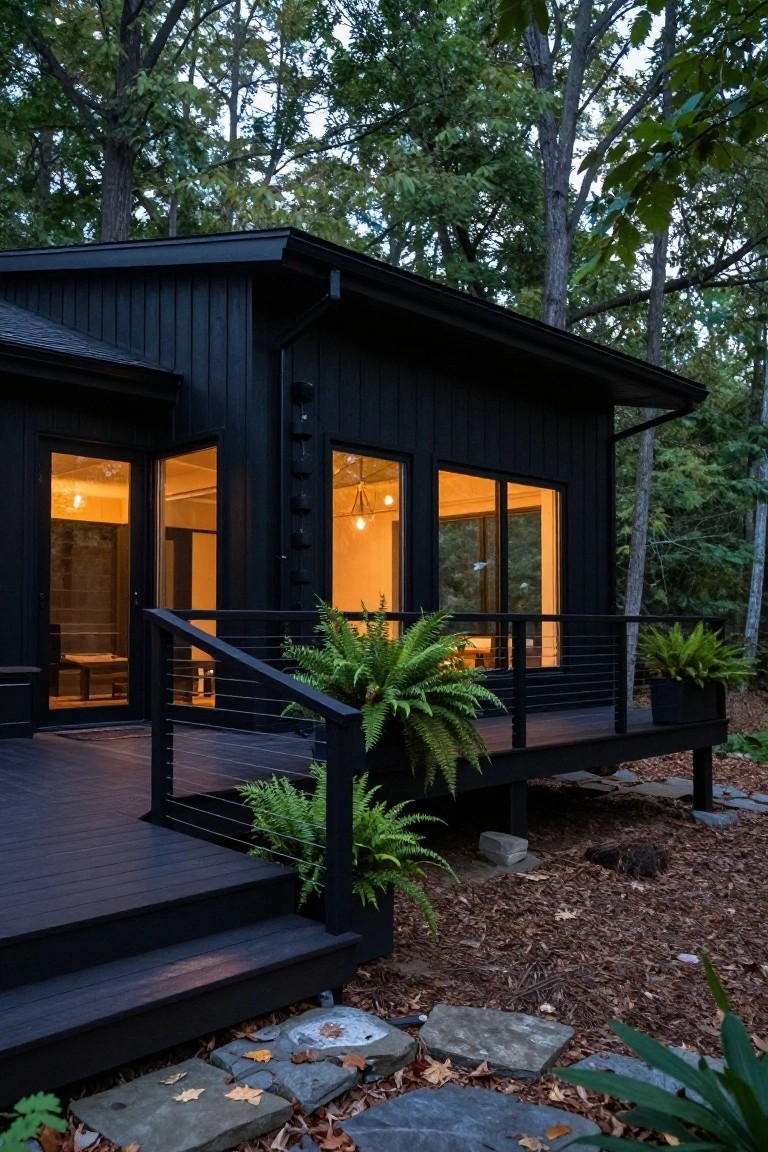 Side exterior of a black wood-clad modern house with large glowing windows, a elevated deck featuring cable railings and potted ferns, steps leading to stone pavers, and surrounding forest trees with mulch ground cover.