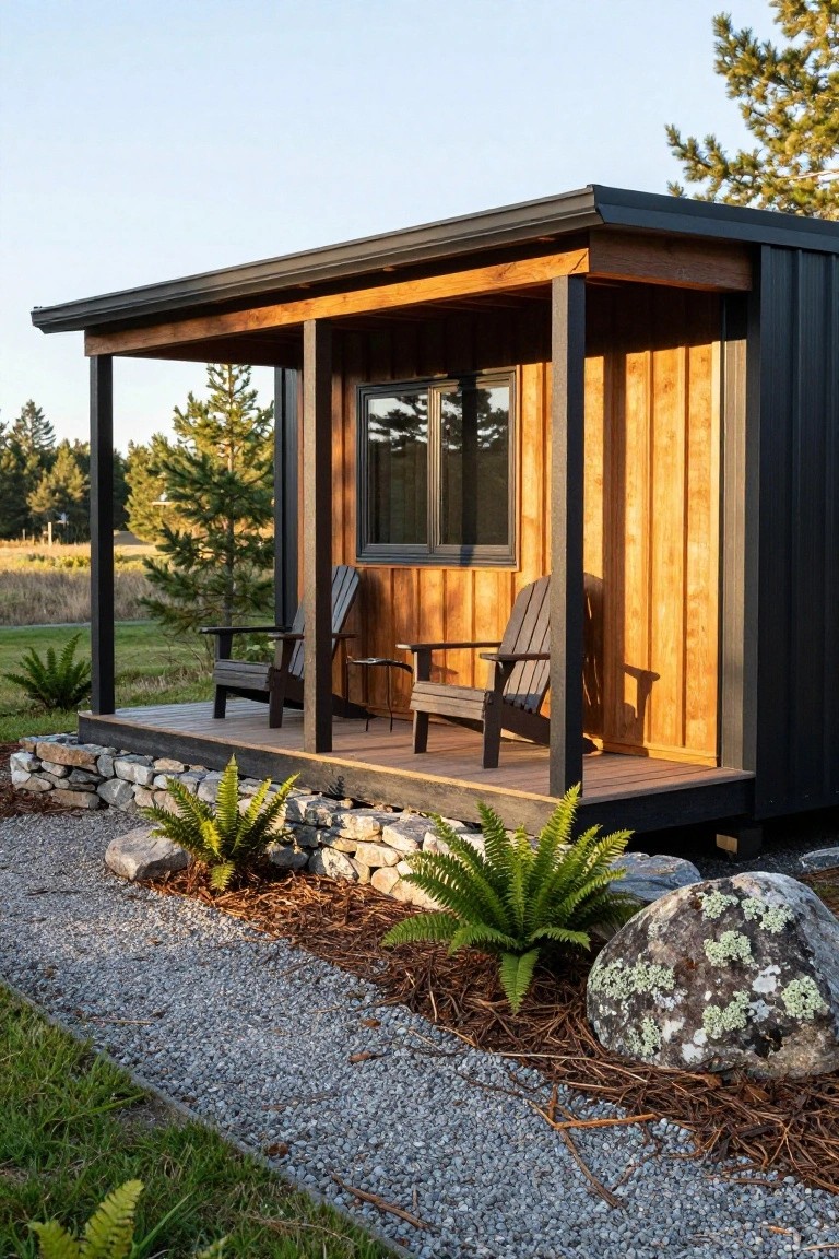 A small prefabricated cabin with black metal siding, wooden porch supported by timber posts, two black Adirondack chairs, stone retaining wall, gravel path, ferns, and pine trees in the background.