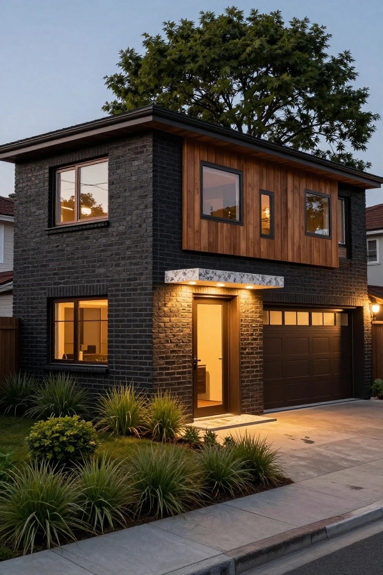 Modern two-story house with dark brick, wood siding, and lit entryway.