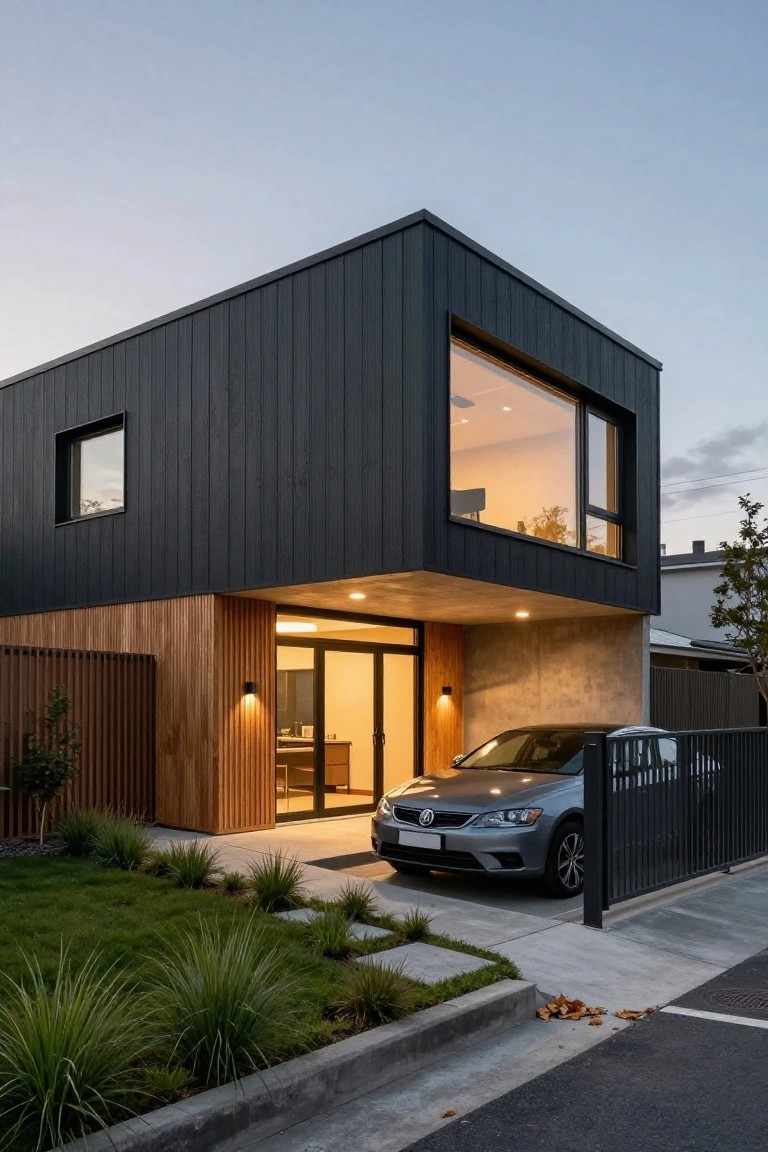 Corner exterior view of a modern two-story house with black vertical cladding, cantilevered upper level over a timber-accented entry and parking area containing a silver Volkswagen sedan, front gate, grassy landscaping with ornamental grasses, and concrete path at dusk.