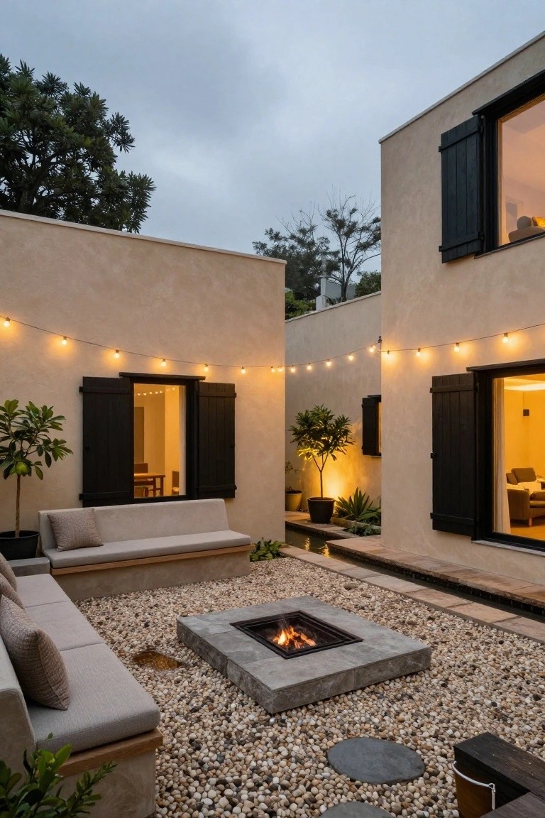Outdoor courtyard with central square concrete fire pit in pebble gravel ground, surrounded by low beige L-shaped sofas, potted plants, string lights overhead, and beige stucco walls with black shutters and lit windows.