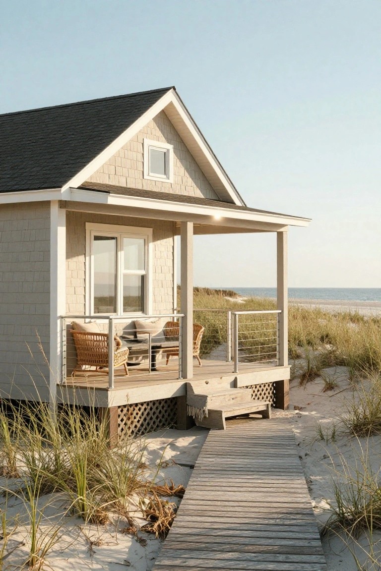 Small beige shingled beach cottage elevated on posts with a wooden porch deck holding two wicker chairs and cushions behind cable railings, reached by a weathered wooden boardwalk through sand and sea grass toward the ocean.