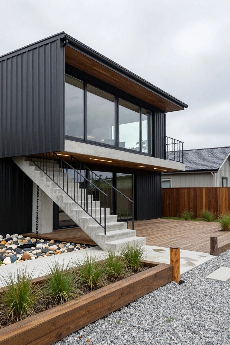 Modern two-story house with black corrugated metal siding, large glass windows on the upper level, concrete staircase with black metal railings leading to a wooden deck, gravel yard with grass plantings and rocks.