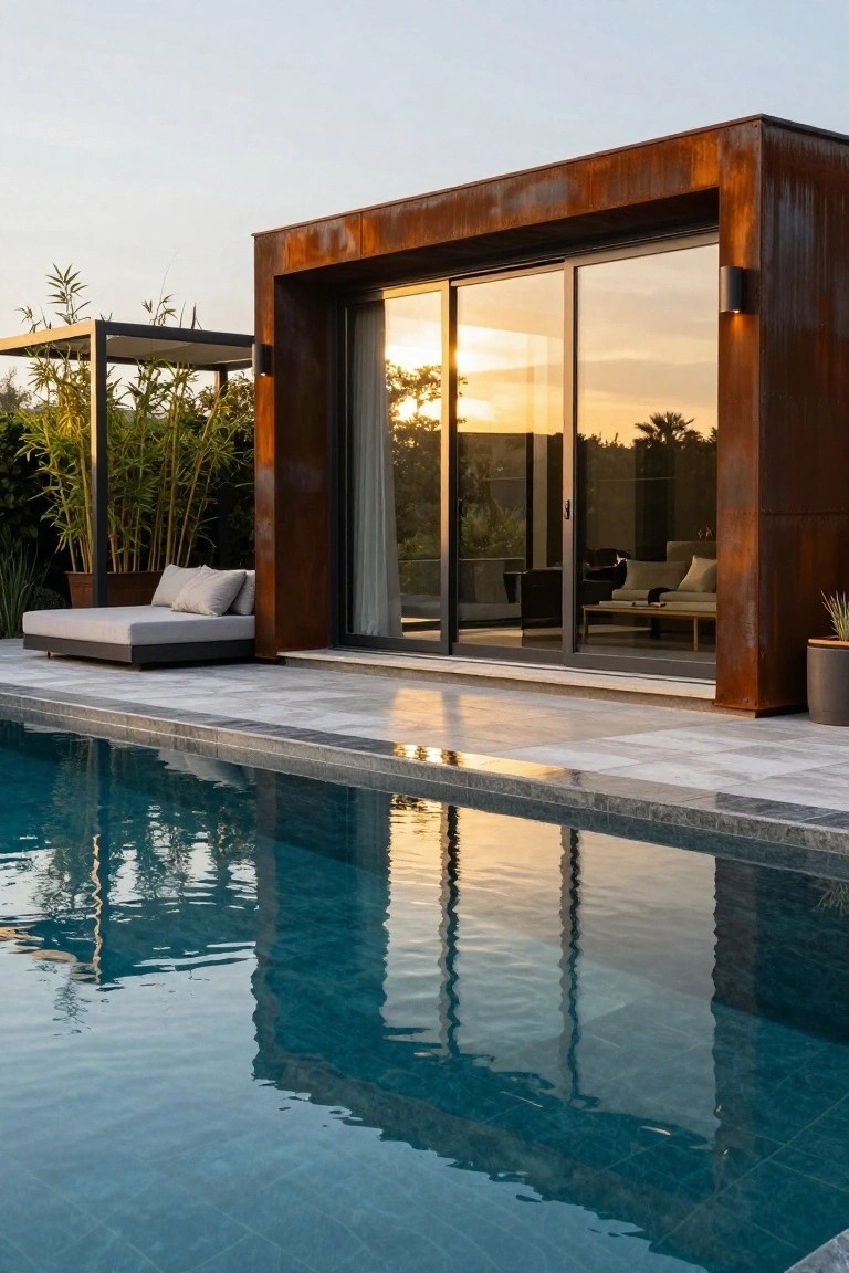 Modern rectangular prefab home with corten steel cladding and large sliding glass doors opening to a turquoise-tiled pool deck, featuring a low daybed lounge, potted bamboo, and a pergola nearby at sunset.