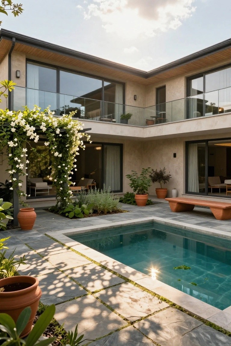 Modern beige stucco house corner with wood-trimmed roof, glass walls and balcony overlooking a small turquoise rectangular pool in a gray stone-paved courtyard, climbing white flowers on black metal structure, terracotta bench and pots with plants.