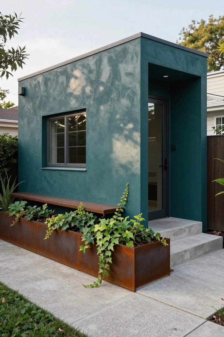 Teal stucco small prefab home exterior with recessed black-framed glass entry door, single window, corten steel planter box with wood bench top and ivy plants, concrete steps and path leading to the door.