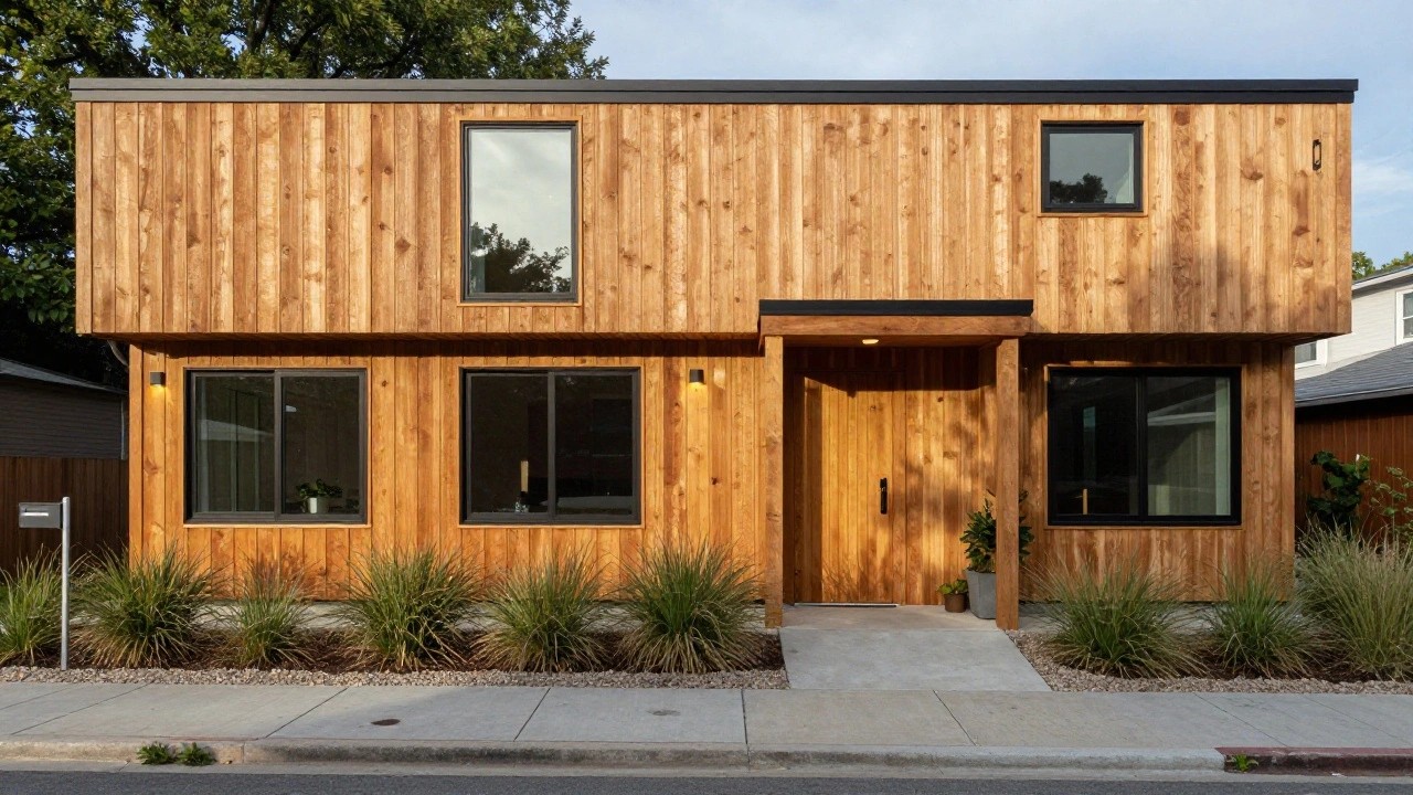Front exterior of a single-story modern home with light vertical wood siding, black-framed sliding window above a wooden entry door, wall-mounted lights, ornamental grasses, and a concrete walkway.