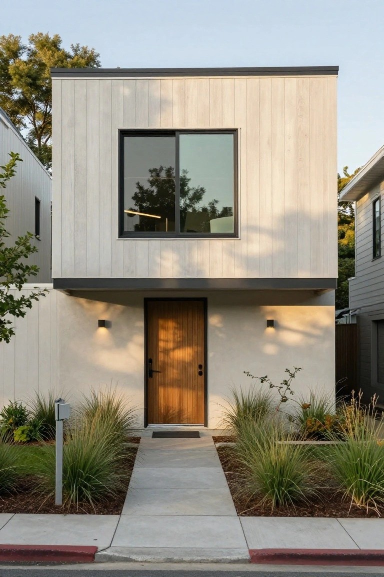 Front exterior of a single-story modern home with light vertical wood siding, black-framed sliding window above a wooden entry door, wall-mounted lights, ornamental grasses, and a concrete walkway.