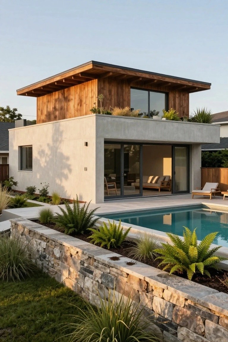 Two-story modern prefab home with wooden upper level on gray concrete lower level, glass doors opening to a pool, stone wall, and plants in the yard.