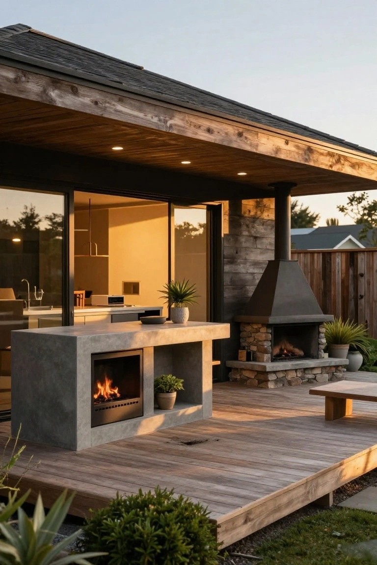 Wooden deck with gray concrete outdoor kitchen island containing a linear gas fireplace, next to a stone outdoor fireplace, large glass sliding doors open to indoor kitchen, potted plants, fence, and landscaping in evening light.