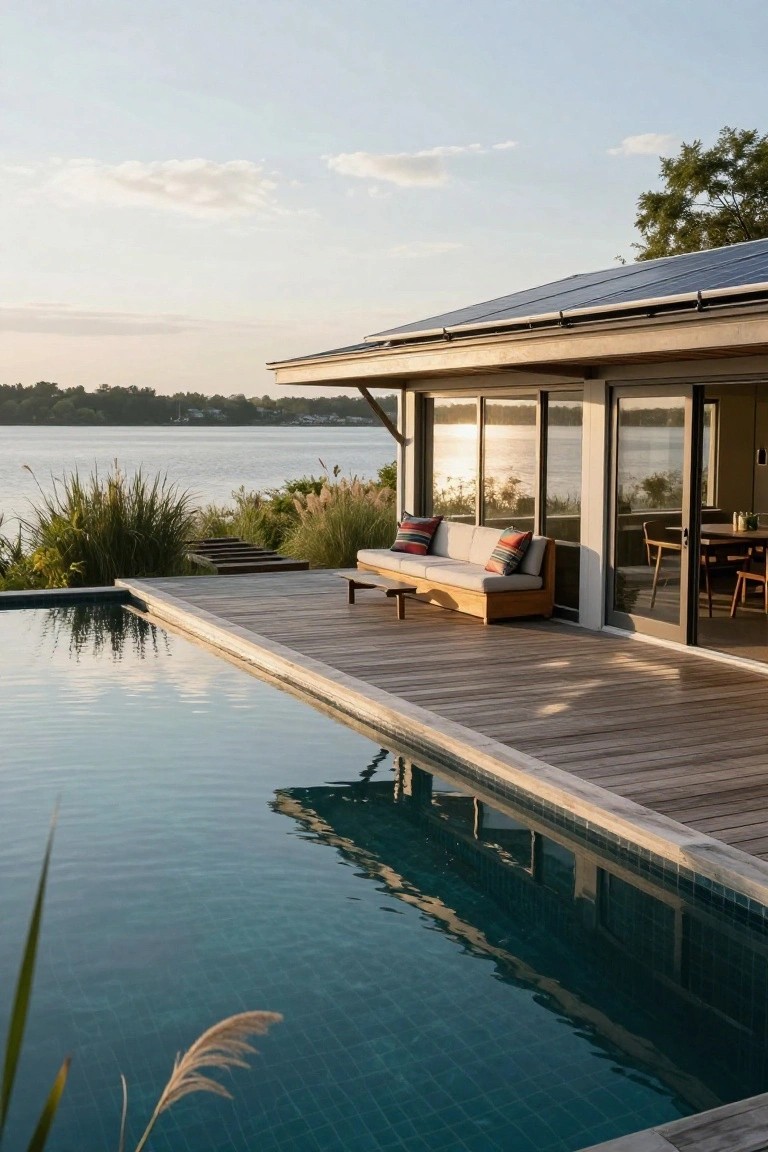 Modern house with solar-paneled roof, wooden deck, infinity-edge pool, outdoor sofa and low table, glass sliding doors, lakeside landscaping, and water view at sunset.