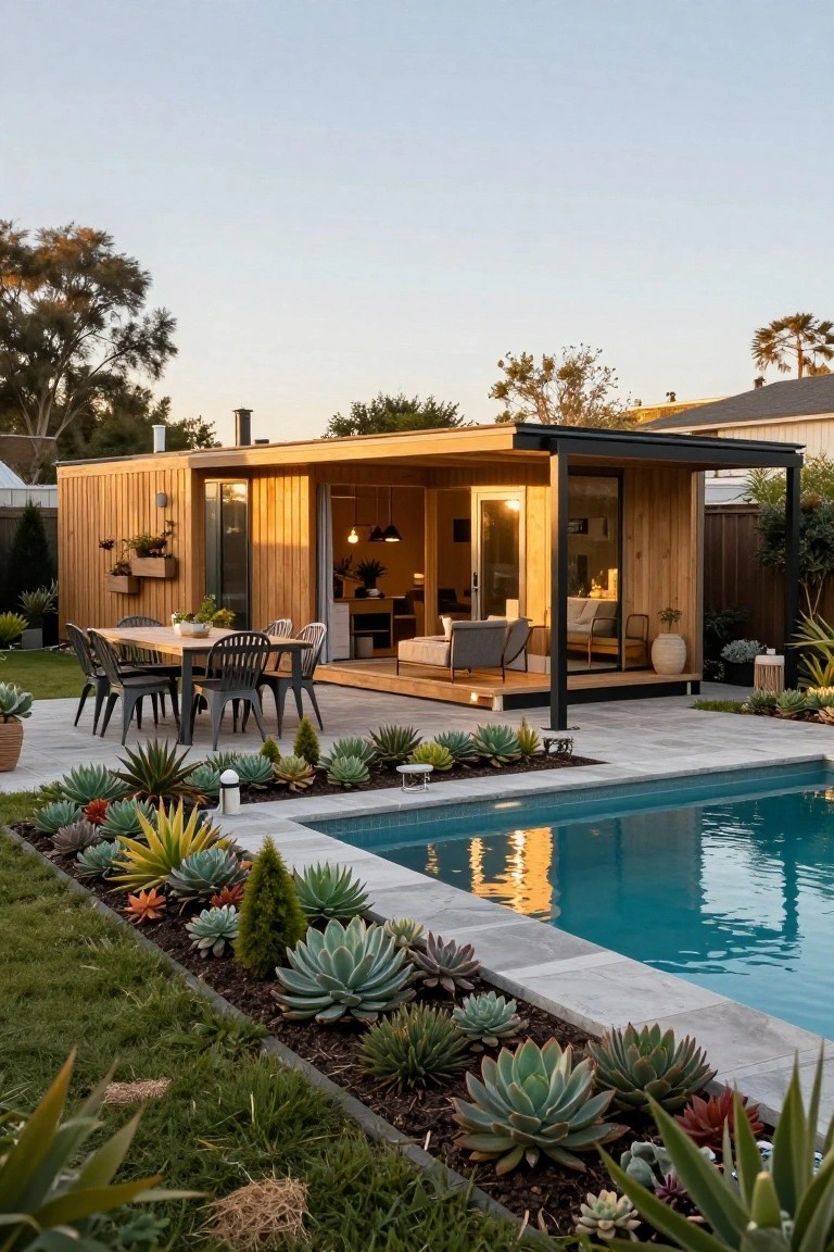Wooden modular home with open glass doors to a deck holding a wooden dining table and chairs, next to a rectangular pool edged in gray pavers and surrounded by succulent plants and grass.