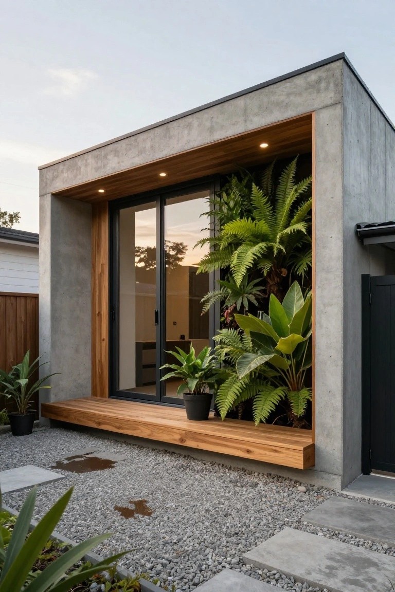 Corner exterior of a modern concrete prefab home with recessed timber-framed sliding glass doors, integrated ferns and potted plants, wooden deck step, gravel yard, and agave plants.