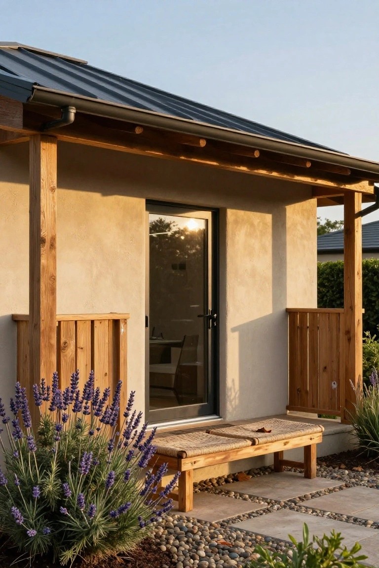 Side exterior of a beige plastered house with sliding glass door under dark metal roof overhang supported by wooden posts and railing, rattan bench on porch, lavender bushes, gravel mulch, and stone pavers.