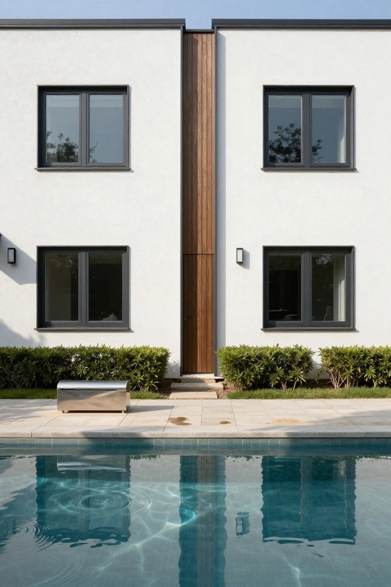 White modern house facade with central vertical wooden panel, dark-framed windows on both sides, boxwood hedges, stainless steel bench on tiled patio, and turquoise pool reflecting the house.