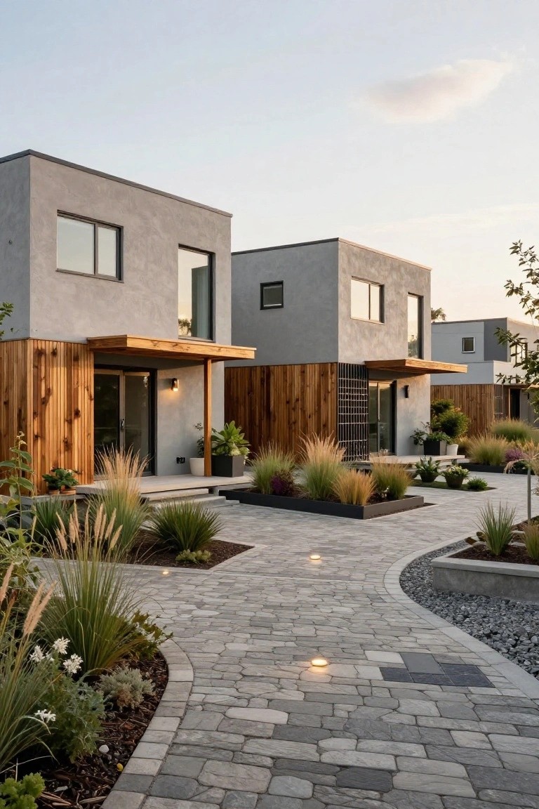 Three modular prefab homes with gray stucco walls, vertical wood cladding around entries, and surrounding landscaping with grasses and paver paths at dusk.