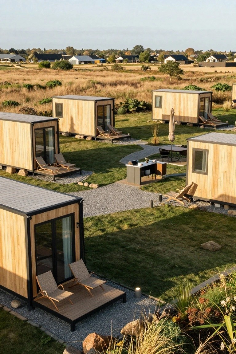 Aerial view showing multiple small wooden modular cabins with decks and loungers arranged in a grassy field connected by gravel paths, surrounded by dunes and distant farm buildings.