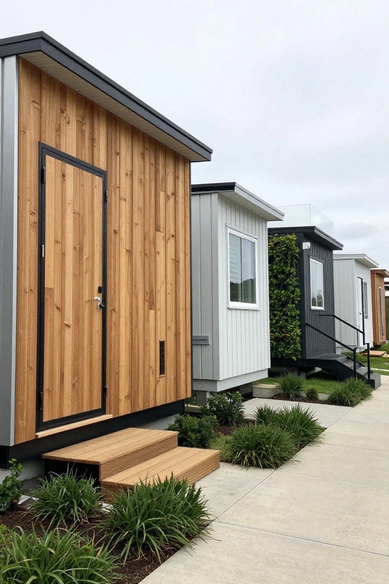 Row of three small modular prefab homes with wood, white, and gray vertical siding, black-framed doors and windows, wooden entry steps, and low plantings along a concrete path.