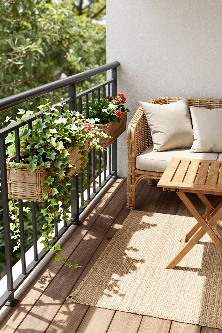 A sunny balcony deck with a beige-cushioned rattan loveseat, wooden folding side table, seagrass rug, and basket planters of ivy and geraniums hanging from the black metal railing.