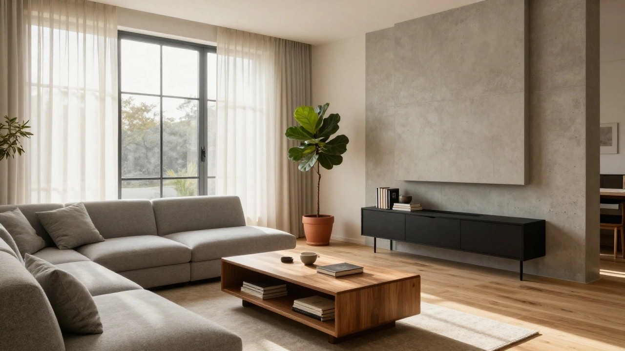 Modern living room with gray L-shaped sofa, low white terrazzo coffee table with speckles, large potted fiddle leaf fig plant, wood built-in shelving and cabinets flanking a concrete fireplace wall, large sliding glass windows with sheer curtains overlooking hills at sunset, and herringbone parquet wood floor.