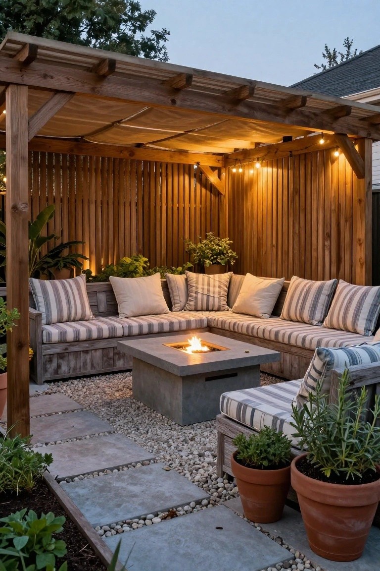 Wooden pergola with draped fabric covering an L-shaped gray outdoor sofa around a concrete fire pit table, with string lights, potted plants, and gravel patio surface.