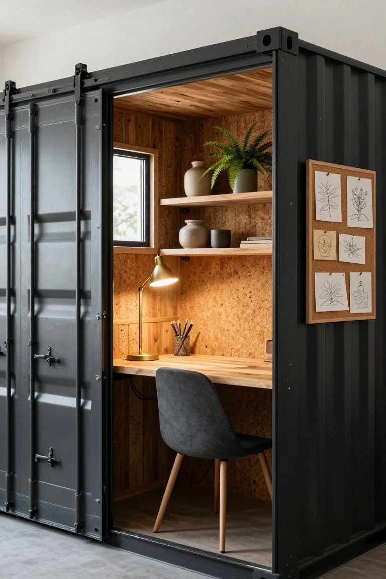 Open black shipping container interior converted into a compact home office with wooden walls and desk, gray chair, shelves holding plants and ceramics, desk lamp, and corkboard.