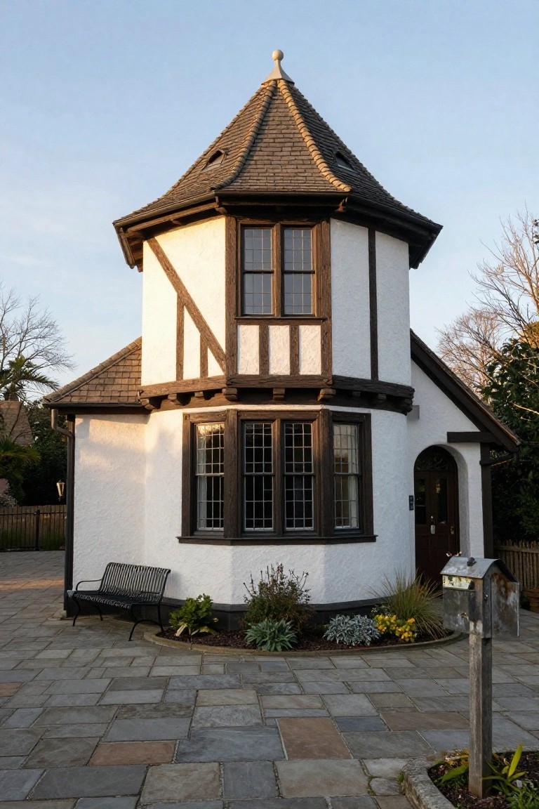 Small octagonal white stucco building with dark timber framing and a dark shingled conical roof, featuring leaded windows, an arched wooden door, surrounded by pavers, plants, a bench, and a signpost.