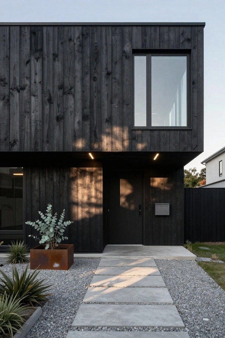 Modern two-story house exterior clad in vertical black charred timber planks, featuring a recessed entry with black double doors, linear LED lighting above, large glass window on the side, concrete paver pathway through gravel yard, and potted silver dollar eucalyptus and agave plants near the entrance.