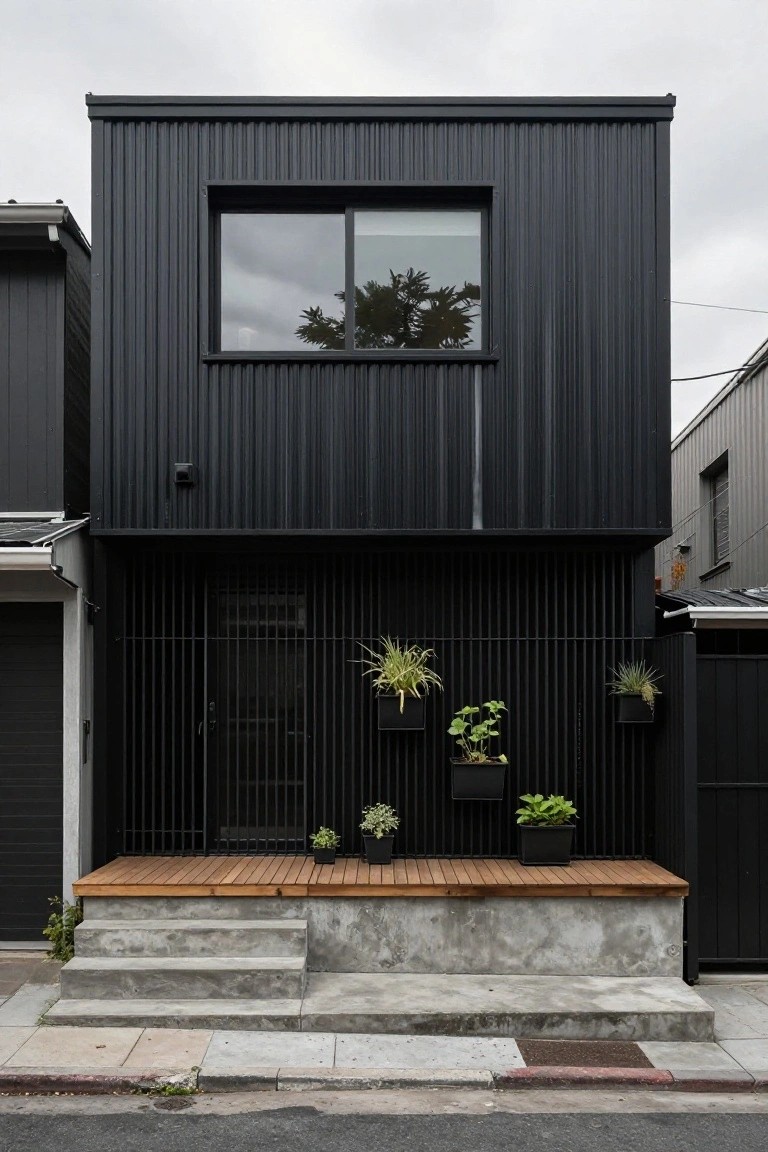 A two-story house with black corrugated metal siding, narrow window, black metal gate at entry, hanging plants in black pots, wooden deck steps on concrete base, next to gray neighboring houses on a street.