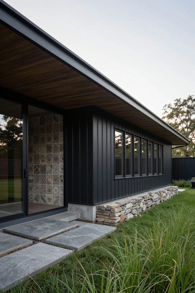Side view of a modern single-story house with black corrugated siding, overhanging wooden ceiling, sliding glass entry door with tiled surround, low stone wall base, and surrounding lawn with tall grasses.