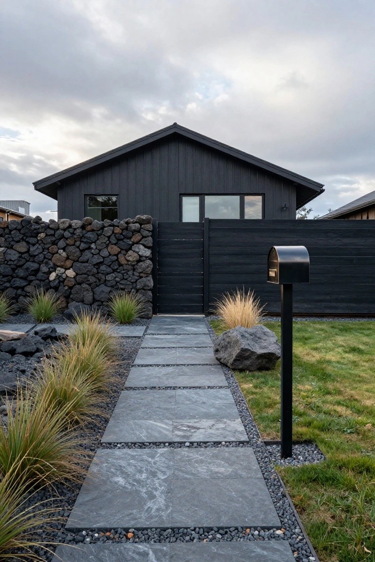 Black wooden house with gabled roof and vertical cladding behind a curved lava rock wall and black gate, with gray stone paver pathway lined by grasses and rocks leading to the entry, adjacent to a grassy yard under cloudy skies.
