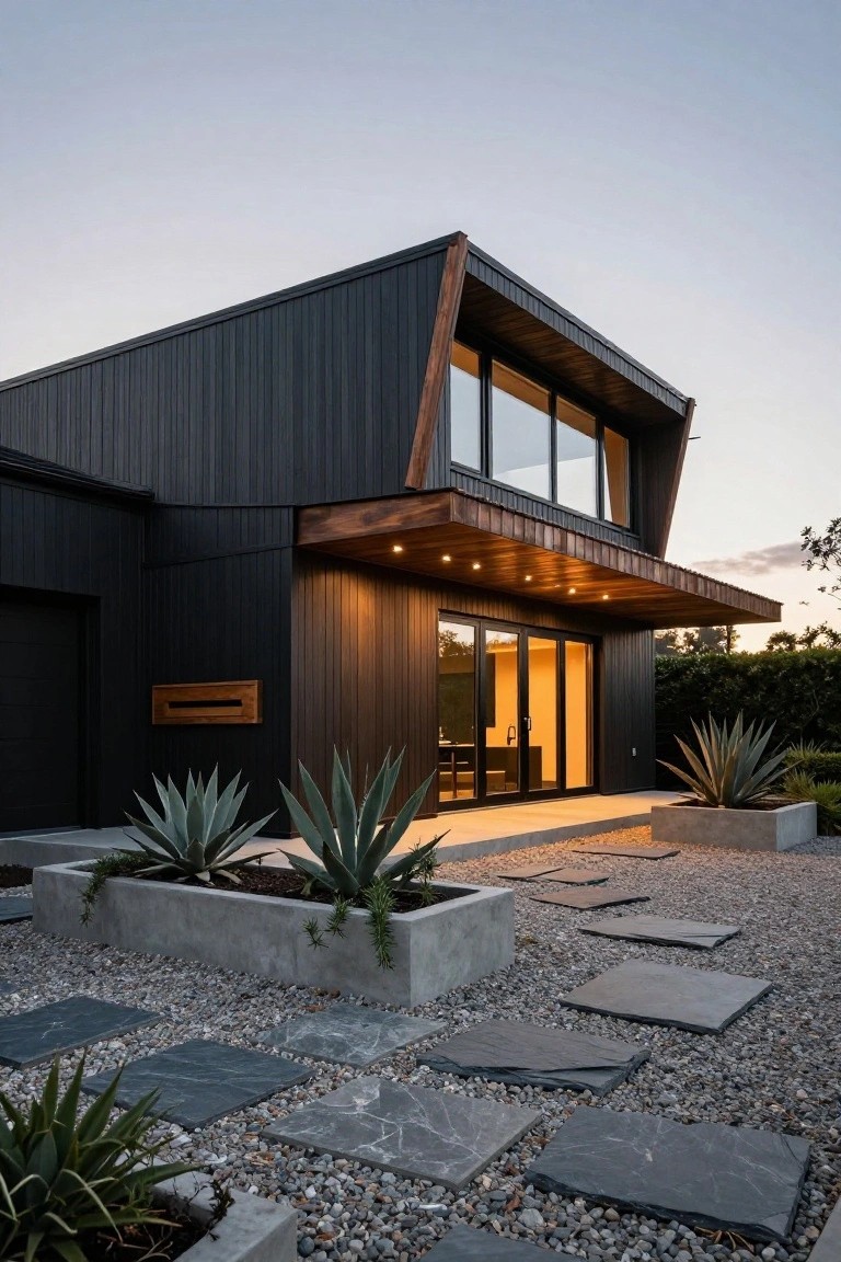 Modern two-story house exterior with black vertical wood cladding, angled roofline, warm wood entry canopy and accents, large glass doors and windows, side garage door, concrete planters with agave plants, gravel ground cover, and irregular stone slab steps at dusk.