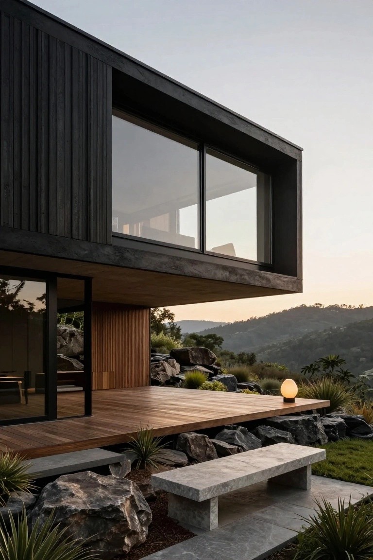 Modern house exterior with black vertical wood cladding, large glass windows, and cantilevered overhang above rocky terrain, wooden deck, concrete bench, and native plants on a hillside at dusk.