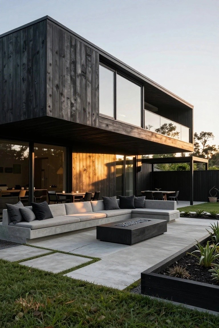 Modern two-story house with black charred wood cladding, cantilevered upper level over a concrete patio with gray L-shaped sofa, black rectangular fire table, dining chairs, and surrounding grass and plant beds at sunset.