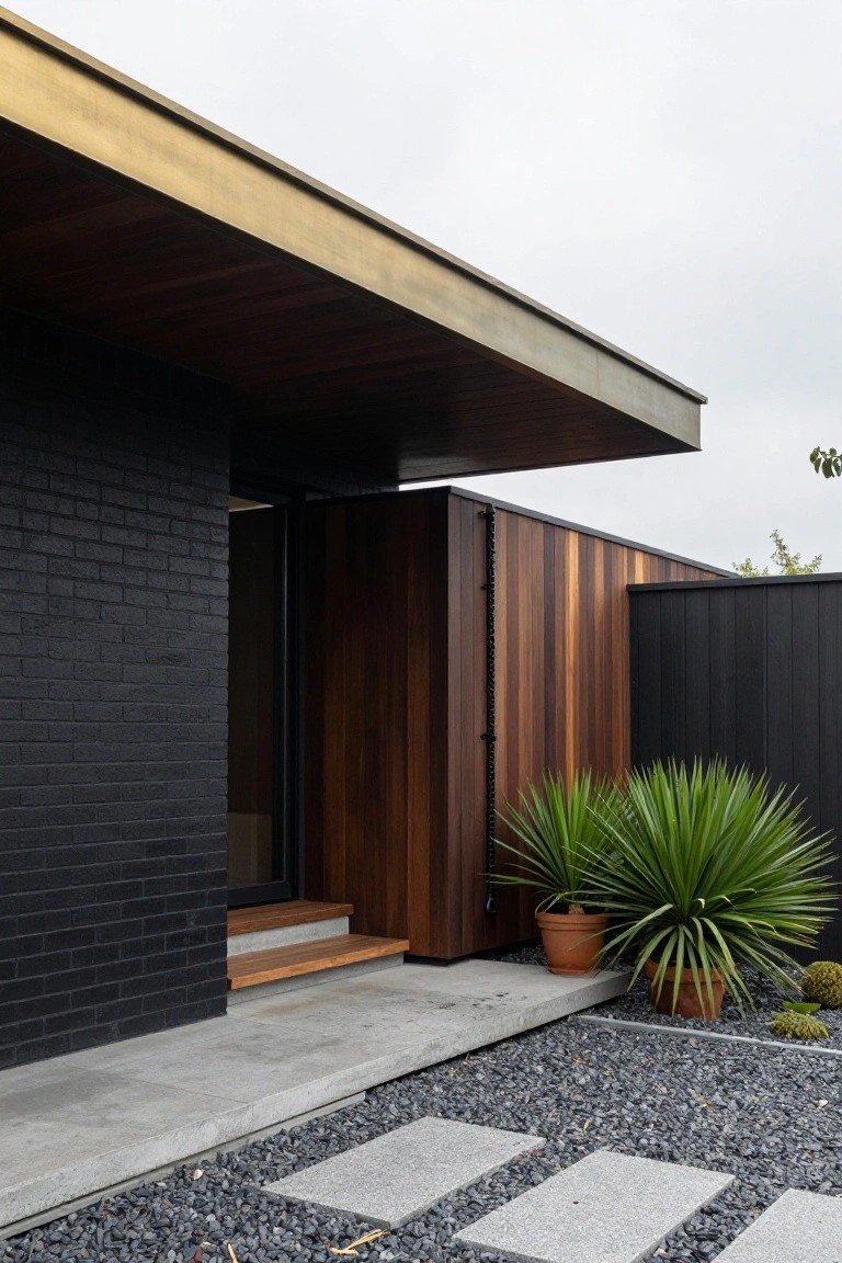 Exterior of a modern house with black brick wall next to vertical wood cladding, glass entry door with wooden steps, brass-edged overhanging roof, concrete slab, gravel yard, stepping stones, and potted plants.