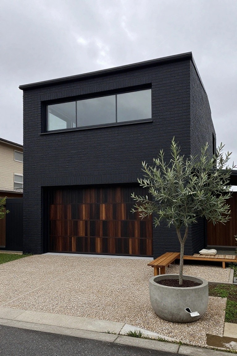 A modern black brick house exterior featuring a slatted wooden garage door, large horizontal window above, potted olive tree, wooden bench, and gravel driveway under overcast skies.