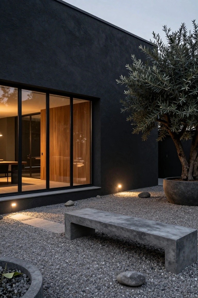 Black stucco house wall with large vertical glass windows revealing wooden paneling and dining area inside, olive tree in pot, concrete bench on gravel ground, and ground lights at dusk.