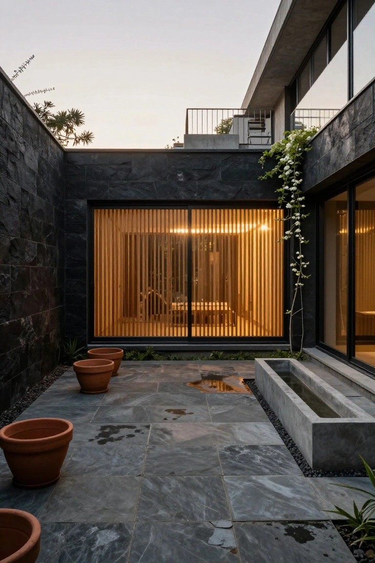 Courtyard enclosed by dark textured stone walls with a large vertical slat wooden window, terracotta planters, a linear water feature, and sparse plants on gray stone pavers during twilight.