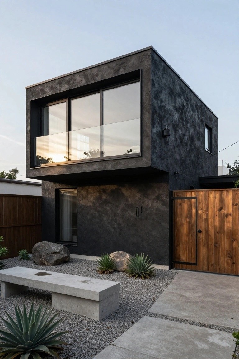 Corner view of a two-story black textured stucco house featuring large glass windows and balcony, wooden gate, concrete bench, gravel yard with boulders and agave plants.