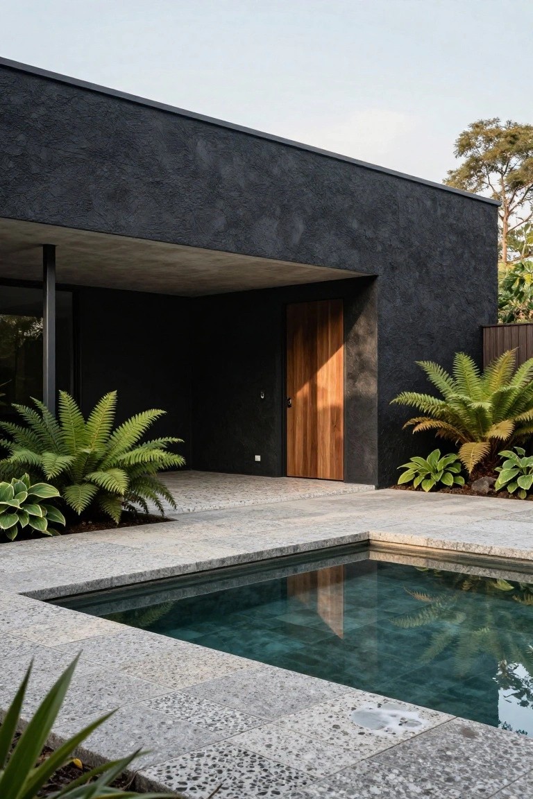 Modern house exterior featuring black textured walls, a tall wooden front door under a concrete overhang, surrounded by ferns and hostas, with a small turquoise pool on gray pebble tiles nearby.